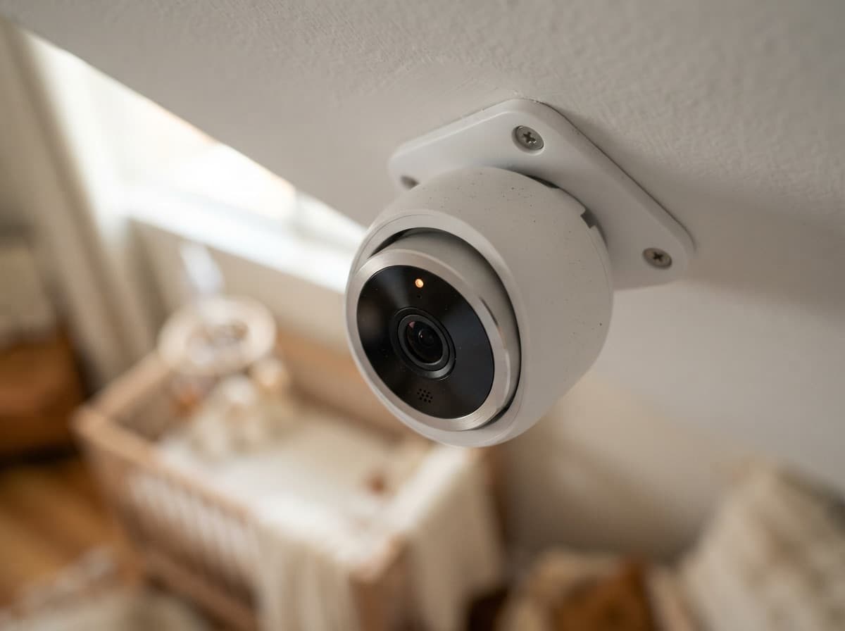 Close-up of a surveillance camera in a child's room — private spaces out of view