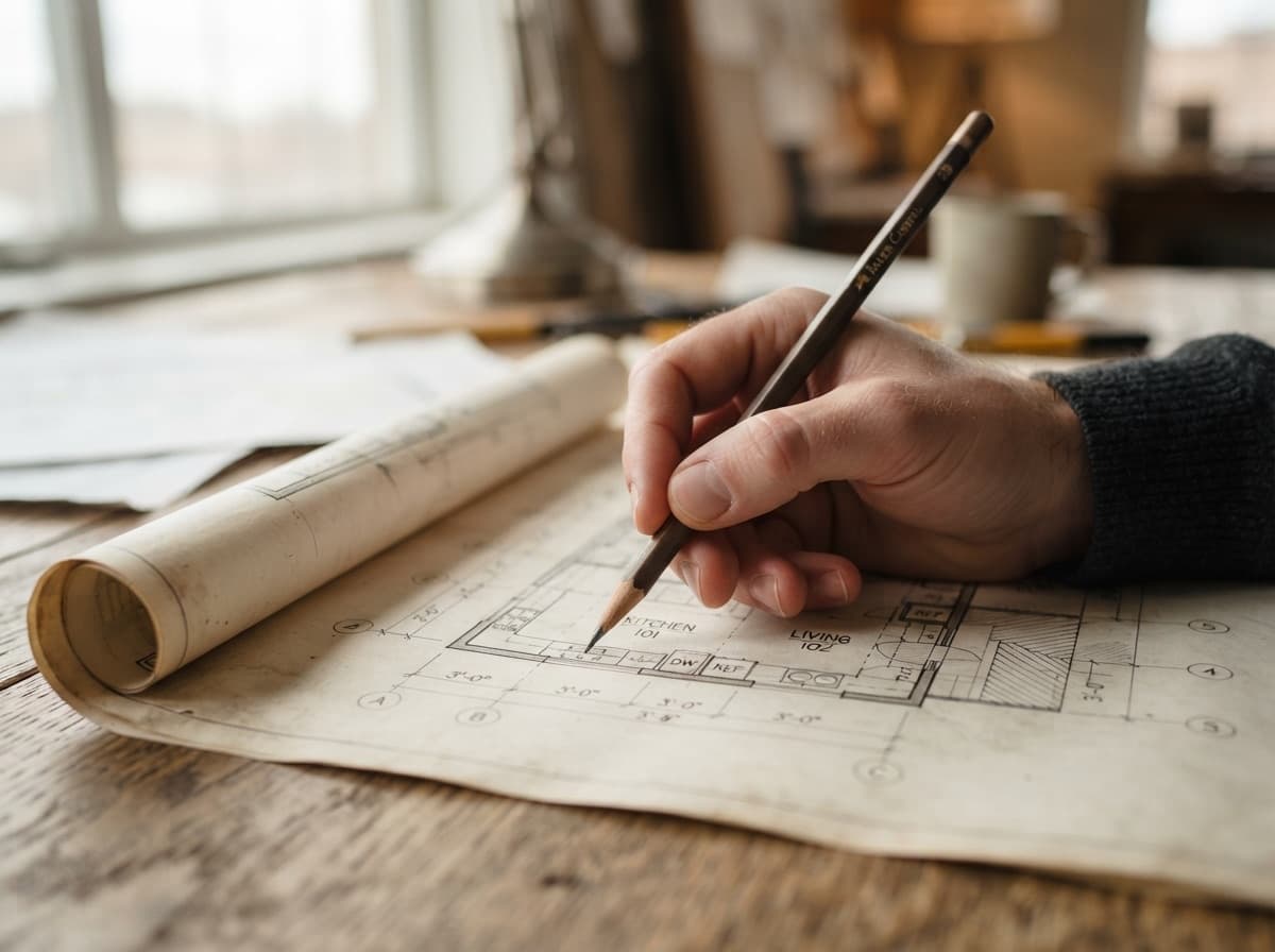 Close-up of an apartment plan on a table — an engineer is designing the system configuration.
