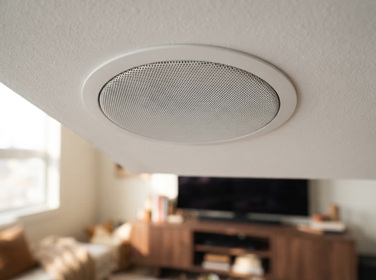 Built-in ceiling speakers above the media area — sound without visible speakers